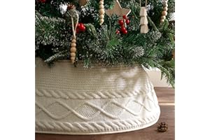 Knitted Christmas Tree Collar – Cream Chunky Cable Knit Ring with Crossed Diamond Edge for Artificial Trees, Farmhouse Rustic