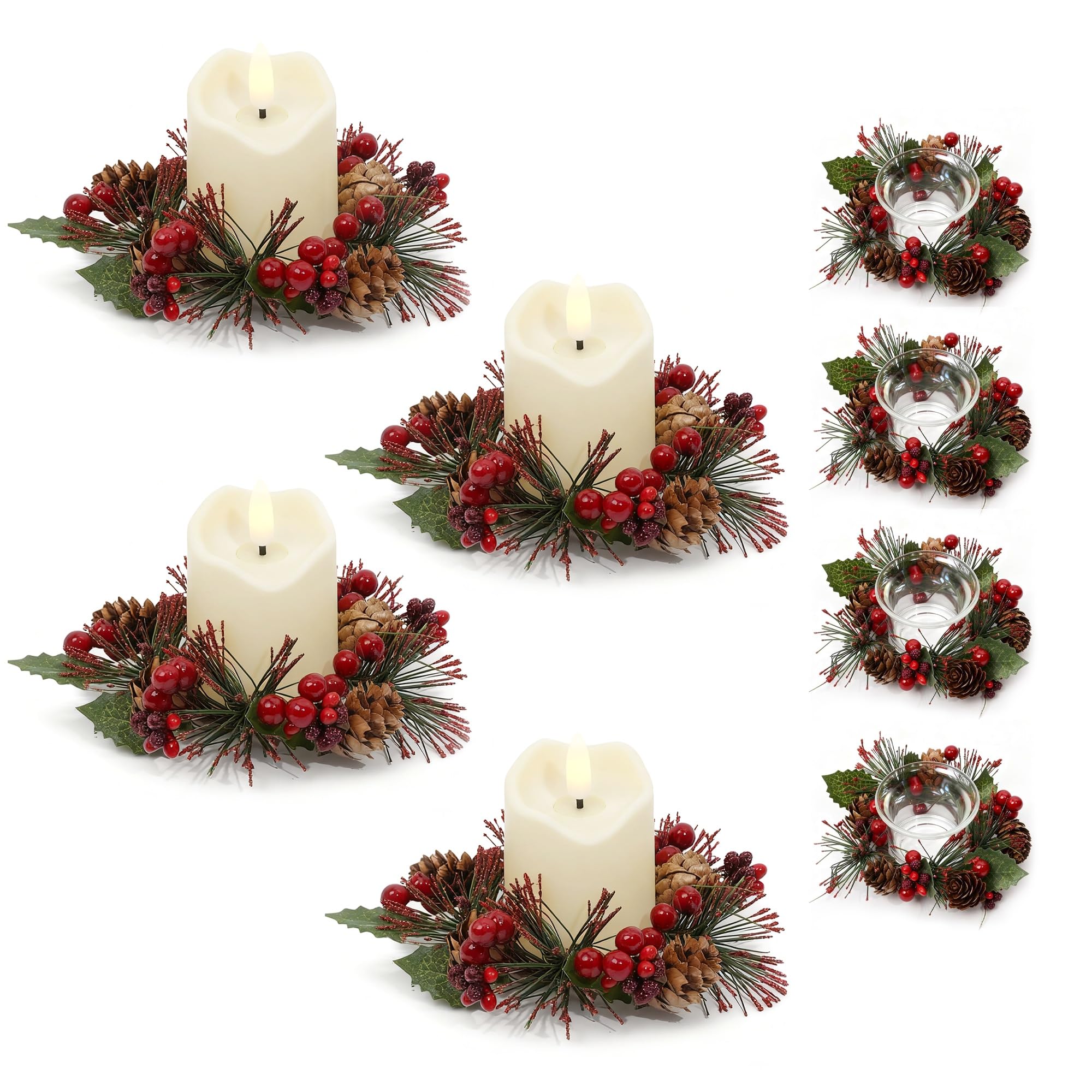Photo 1 of 4 Pcs Christmas Candle Rings with LED Candles and Cups, Mini Wreaths with Red Berry Pinecone for Cabinets Table Centerpieces Decorations,Christmas Napkin Ring (4, Red-1)