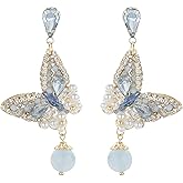 Dangle Flower Floral Blue Crystal Drop Earrings for Women, 14K Gold Plated, Hypoallergenic, Solid 925 Sterling Silver Post, CZ Cubic Zirconia Stud Earrings, Multilayer Tassel Chain, Wedding Bridal Statement Jewelry Gifts