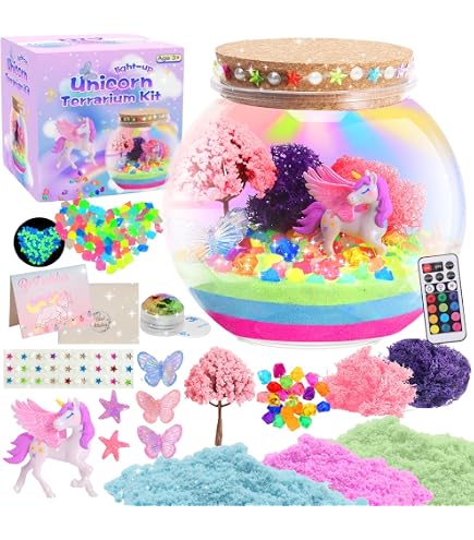 Kit Terrarium Licorne DIY - Avec Sable Magique, Veilleuse LED 13 Couleurs - Jouet éducatif 4-8 Ans - Cadeau Créatif Anniversaire