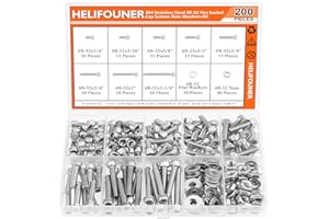 HELIFOUNER 200 Pieces #8-32 x 1/4" 5/16" 3/8" 1/2" 5/8" 3/4" 1" 1-1/4", Hex Socket Head Cap Screws Bolts Washers Nuts Kit, Coarse Thread, Fully Machine Threaded, 304 Stainless Steel