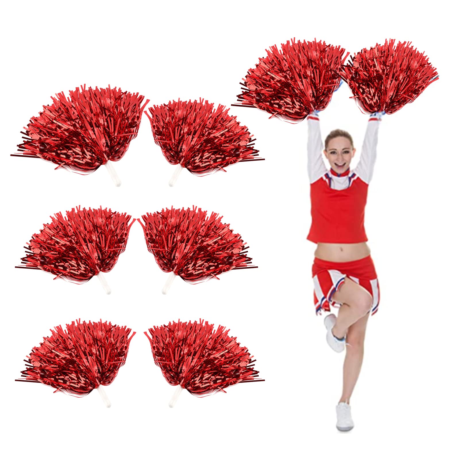 6pcs Cheerleading Pom Poms with Baton Handle, Plastic Cheerleader Cheering Squad Pompoms for Kids Ball Fancy Dress Night Cheer Party Costume Sports Dance (Red)