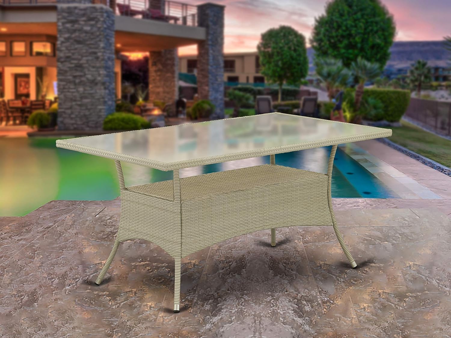 East West Furniture OSBK503A 5Pc Outdoor Natural Color Wicker Dining Set Includes a Patio Table and 4 Balcony Backyard Armchair with Linen Fabric Cushion: Furniture & Decor