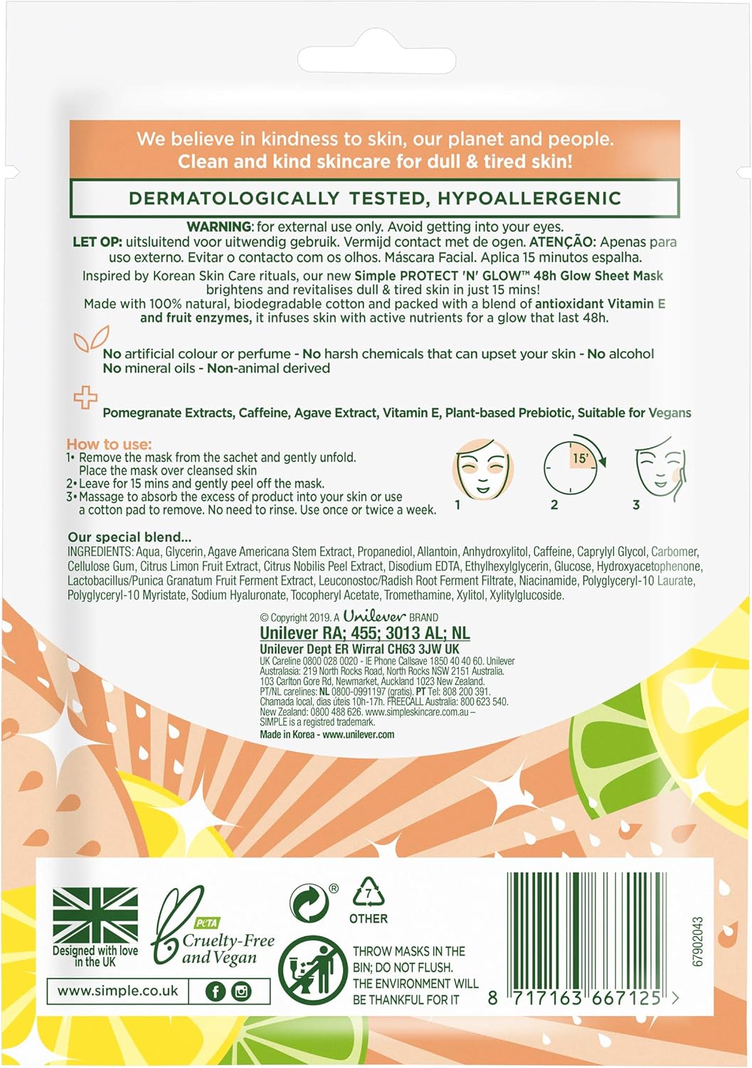 Simple Protect 'N' Glow 48h Glow Sheet Mask Korean skin care routine for sensitive skin brightens and revitalises dull & tired skin 1 mask - Image 3