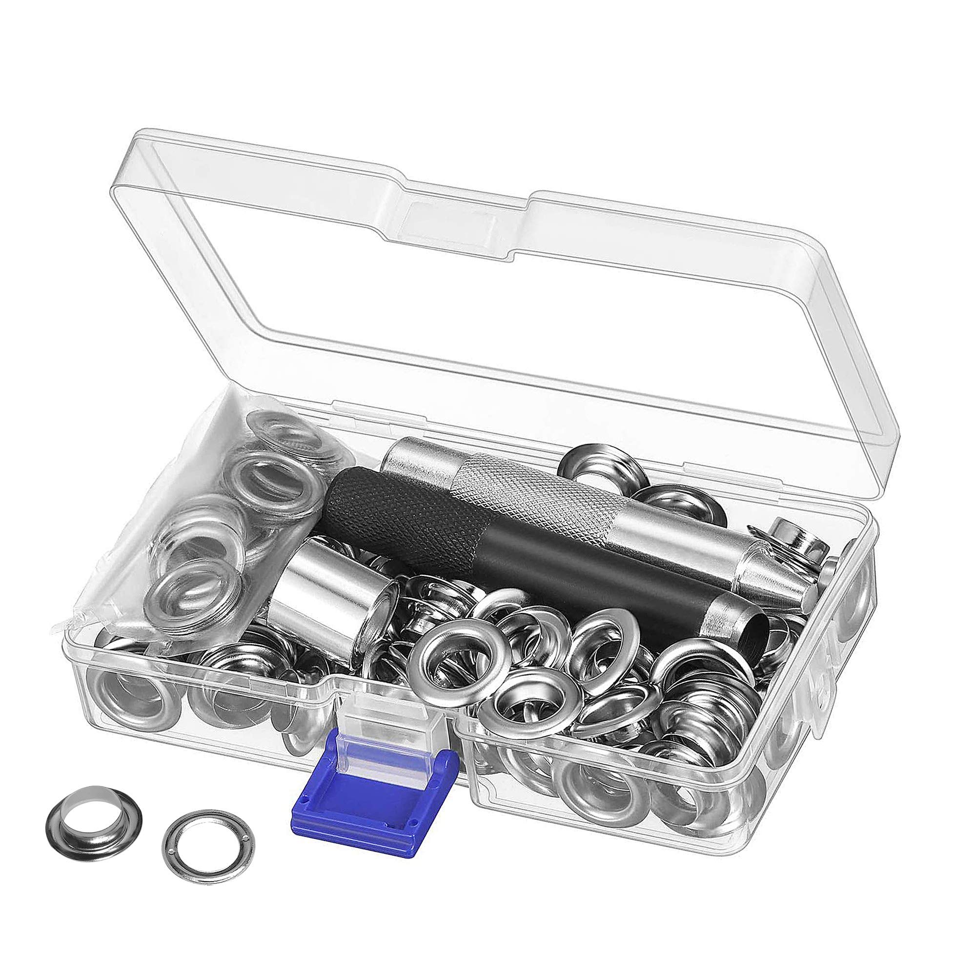 OVISEEN Grommet Tool Kit - 100 Sets Grommets & Eyelets Kit for Tarpaulin Fabric Curtains (2/5 Inch Inside Diameter)