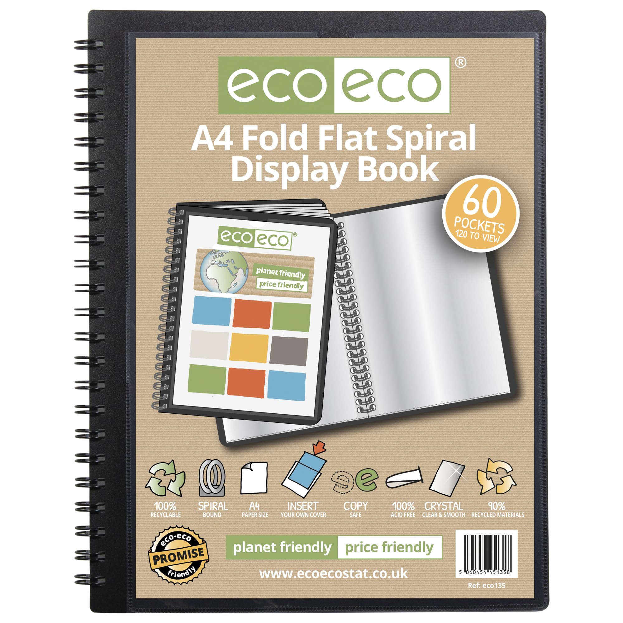 eco-eco A4 50% Recycled 60 Pocket Fold Flat Spiral Bound Display Book, eco135
