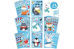 DUJAA 24 Sheets Winter Stickers for Kids Toddlers, Make-a-face Sticker Make Your Own Stickers 8 Designs of Animal Owl Penguin Snowman Bear Sticker Party Decorations Supplies
