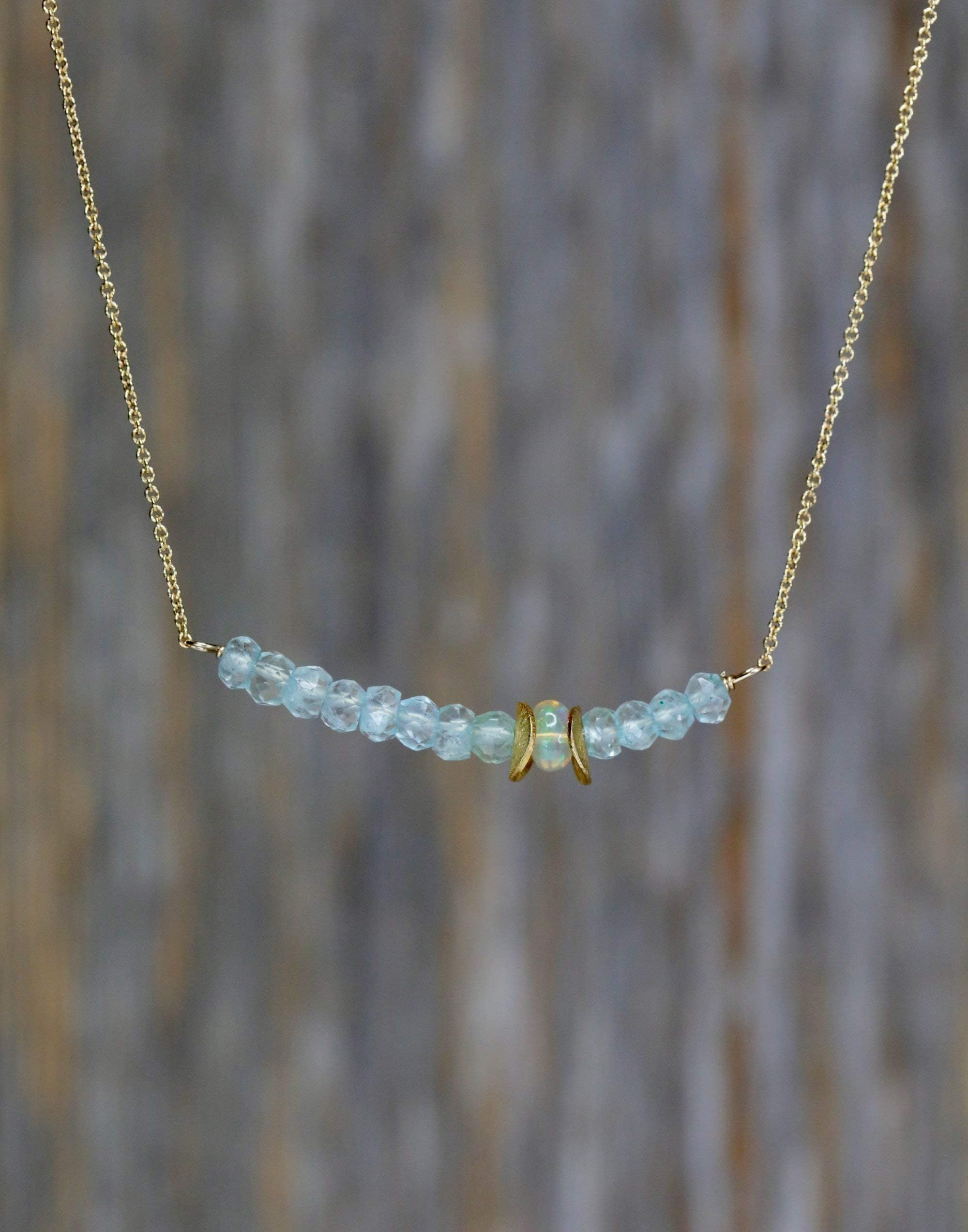 Genuine Aquamarine Gemstone Bar Necklace -Opal- March Birthstone- Women's Jewelry- Gift Idea
