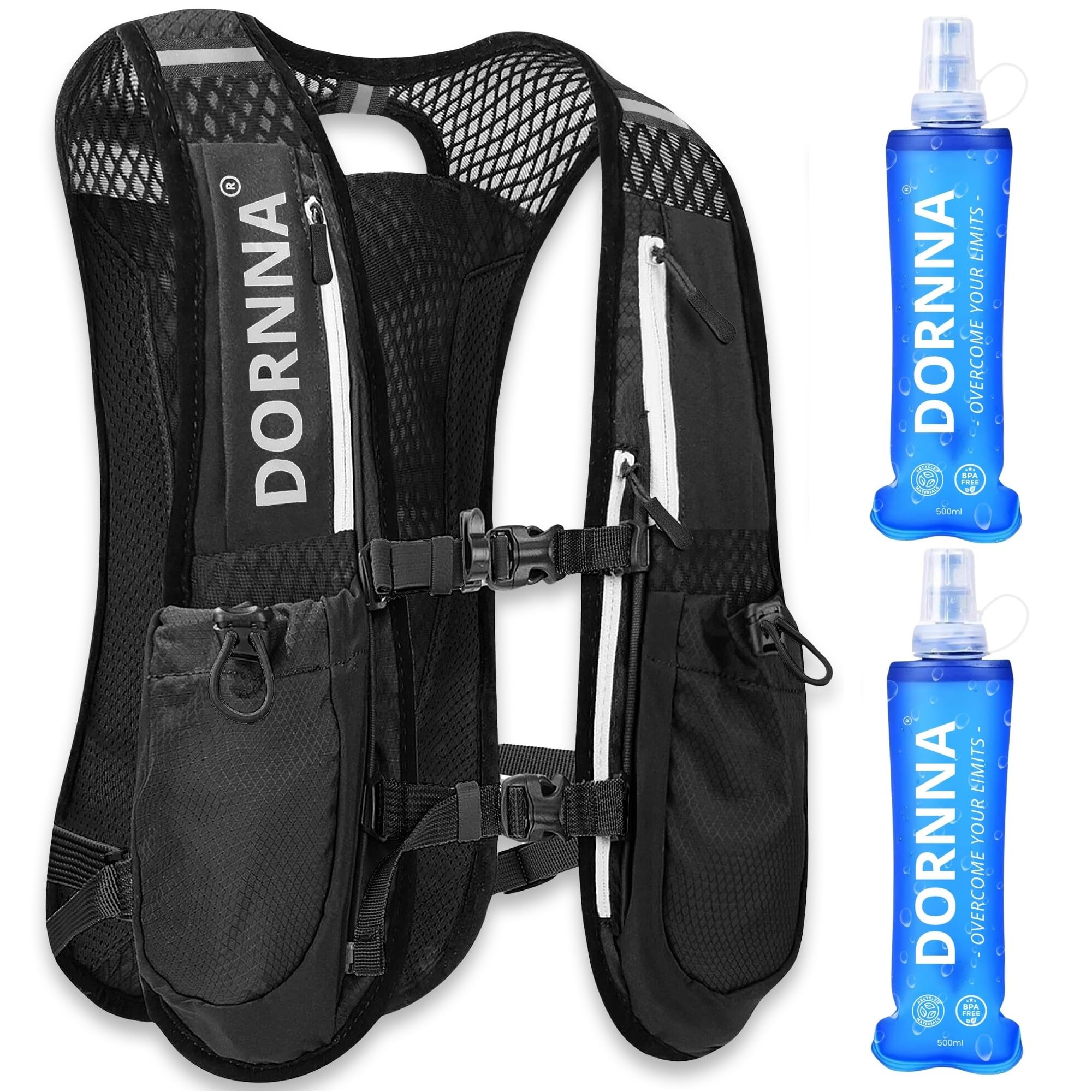DORNNA Ultra Terra V2 - Trail Running Hydration Vest + 2 Soft Flask 500ml Gift, Running Backpack Men and Women, Back Pocket for Bladders up to 1.5L (Black + 2 Soft Flask 500ml)