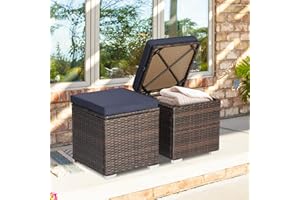 ORALNER 16" Outdoor Ottoman, Set of 2 Wicker Ottoman with Storage, All-Weather Rattan Cube Footstool w/Removable Cushions, Square Foot Rest Seating for Patio, Porch, Deck, Easy Assembly (Navy blue)