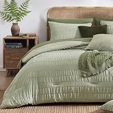 CASAAGUSTO Queen Comforter Set, 7 Pieces Sage Green Seersucker Bed in a Bag Queen Size Soft All Seasons, Bedding Sets with Comforter, Flat Sheet, Fitted Sheet, 2 Pillow Shams, 2 Pillowcases