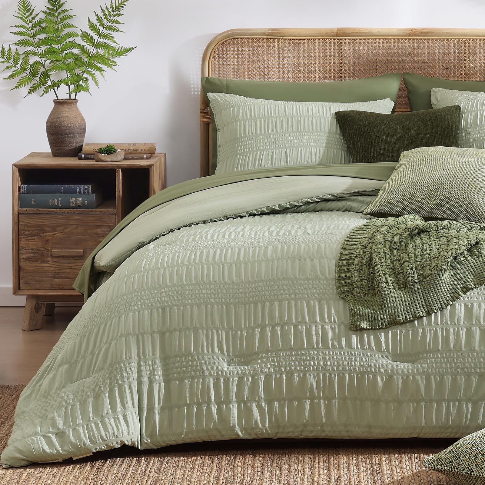 Photo 1 of *MISSING TWO PILLOW CASES AND DECORATIVE* CASAAGUSTO Queen Comforter Set, 7 Pieces Sage Green Seersucker Bed in a Bag Queen Size Soft All Seasons, Bedding Sets with Comforter, Flat Sheet, Fitted Sheet, 2 Pillow Shams, 2 Pillowcases