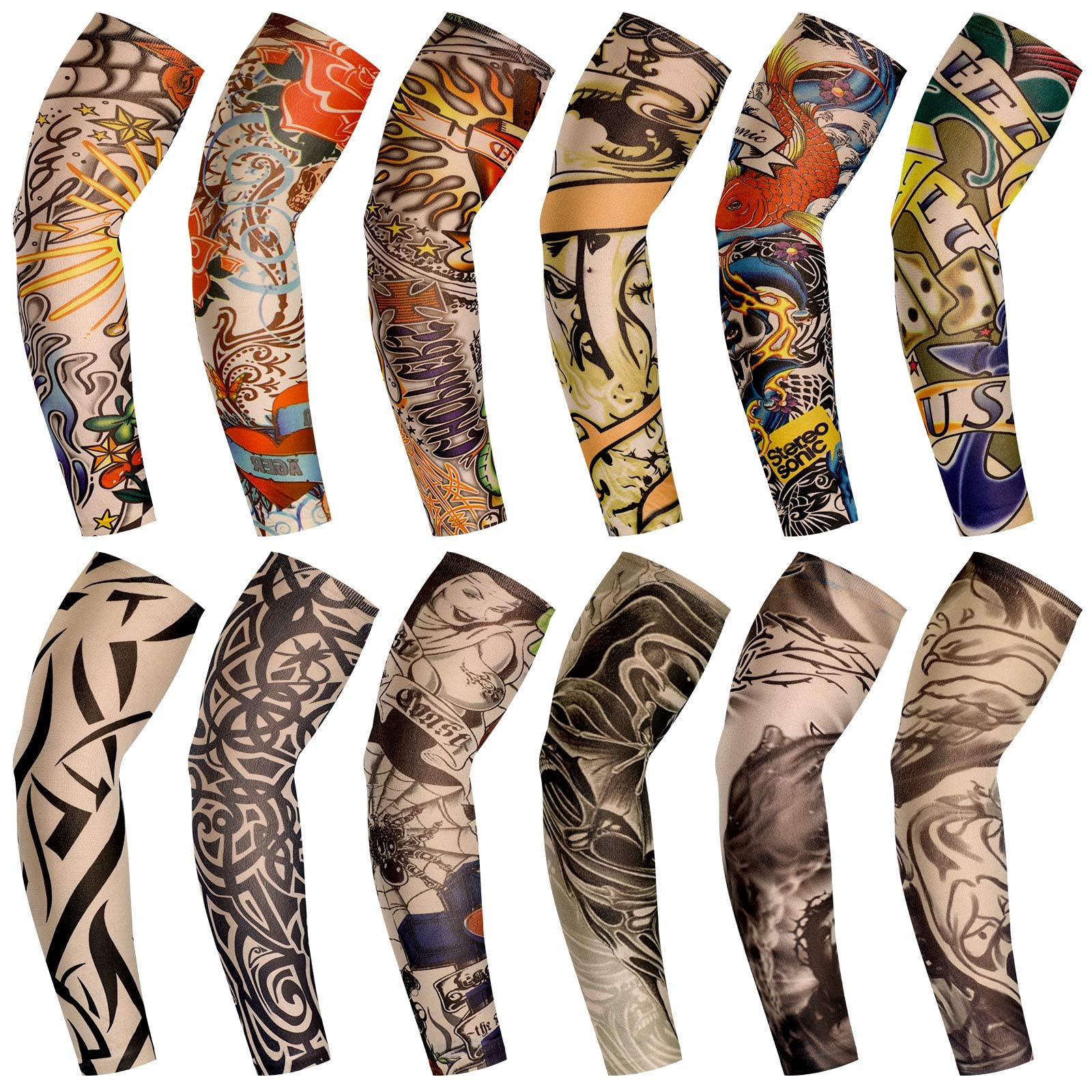 Photo 1 of Geyoga 12 Pieces Tattoo Sleeves Set Fake Arm Sleeves Cover Realistic Soft Elasticity Arm Protection for Men Women Working (One Size)