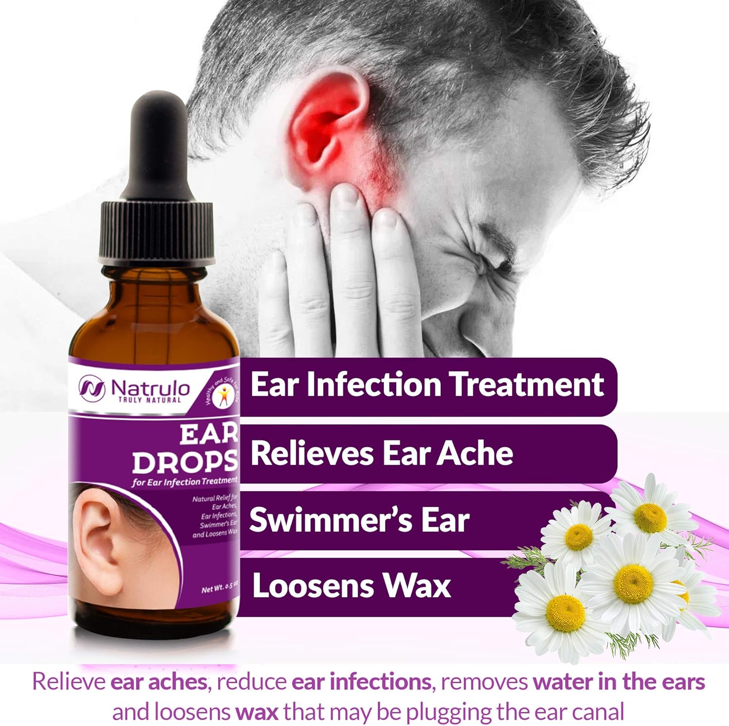 Natrulo Natural Ear Drops for Ear Infection Treatment - Homeopathic, Herbal Eardrops for Adults, Children & Pets - Relieves Ear Aches, Infections, Swimmer's Ear, Loosens Wax - Kids Safe, Made in USA: Health & Personal Care