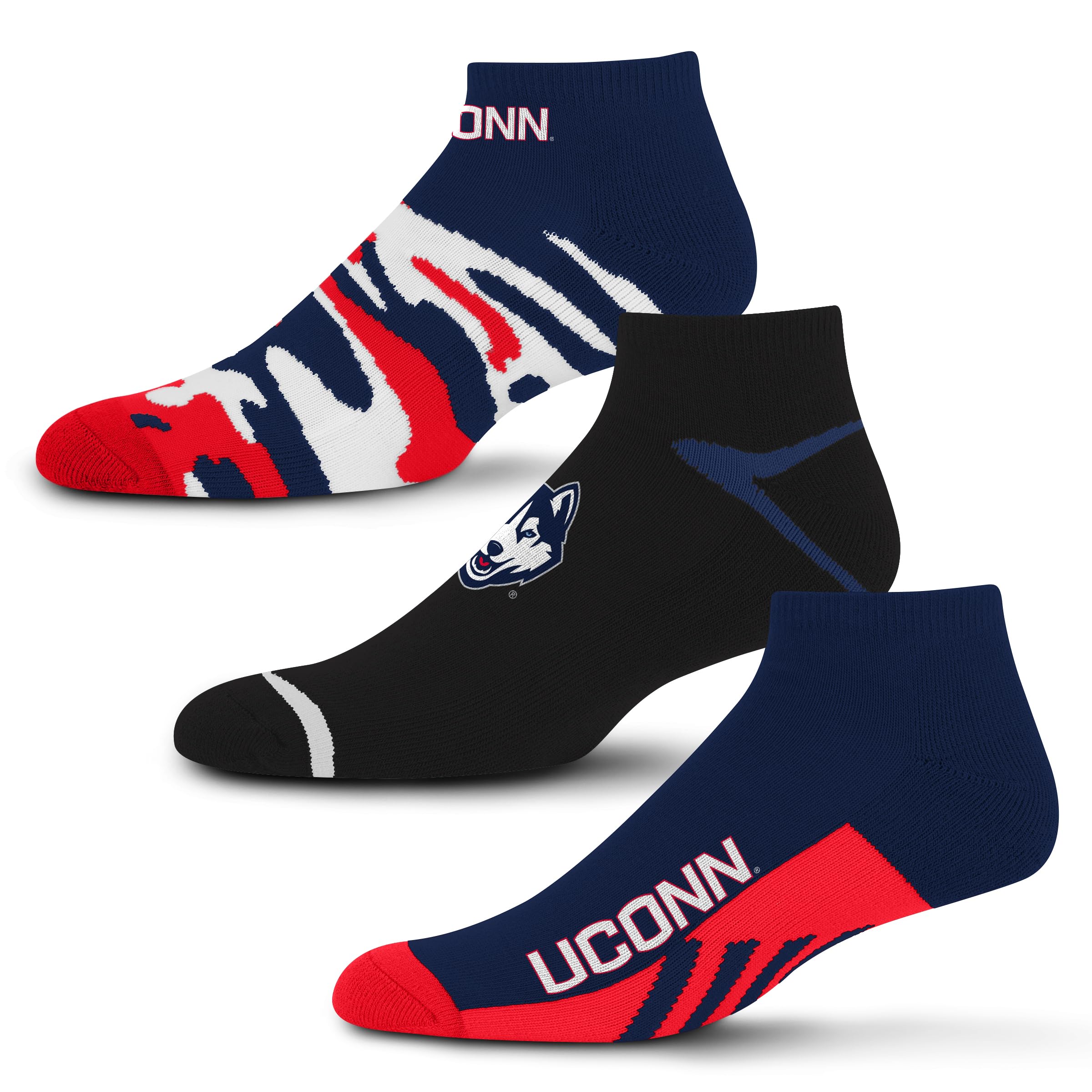 For Bare Feet NCAA UCONN HUSKIES CAMO BOOM 3 Pack Ankle Sock Team Colors Medium Image