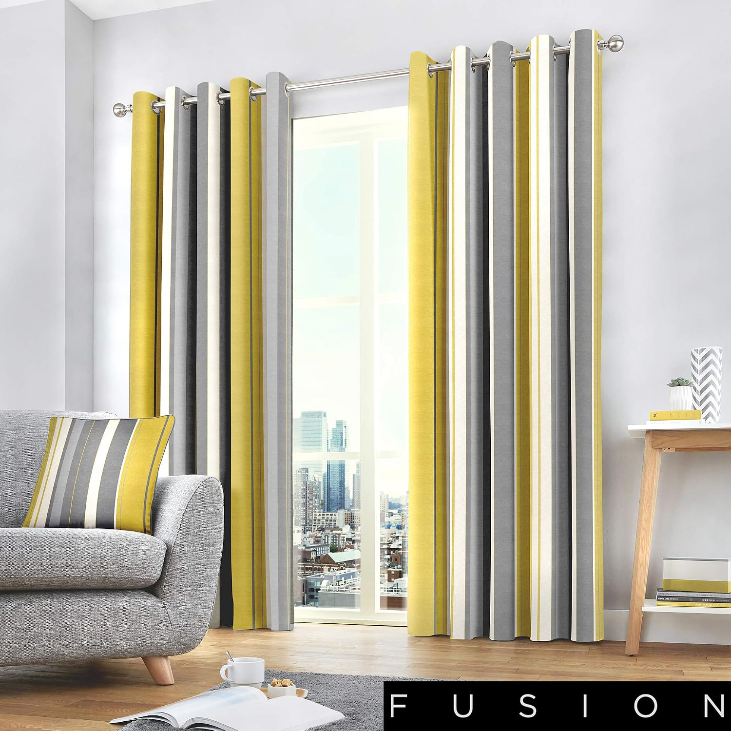 Fusion Whitworth Stripe Eyelet Lined Curtains, Ochre, 90 x 90 Inch, W 90.2" x L 90.2" (1 Panels)