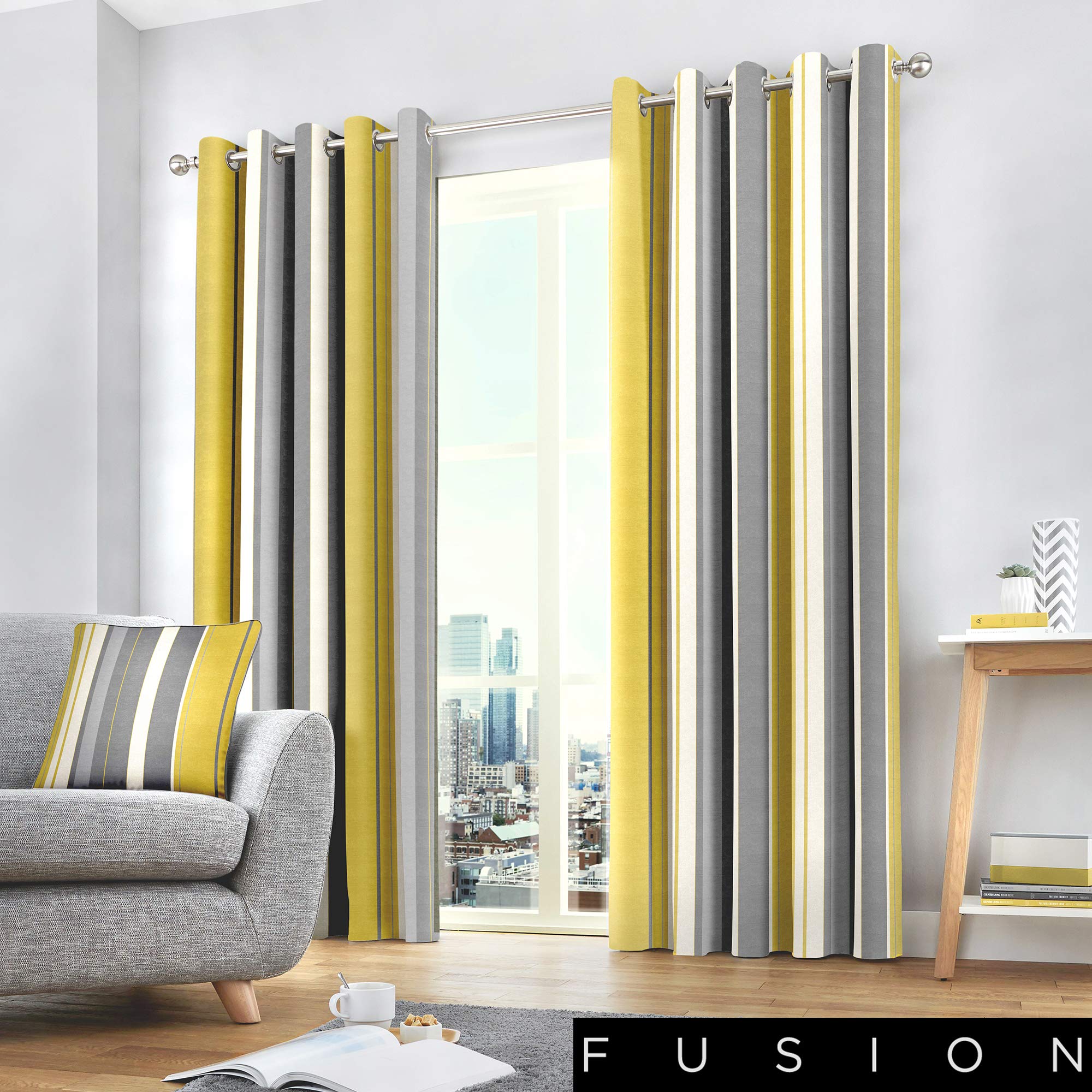 Fusion Strata Grey/Ochre Stripe Drapes W117 x L183cm – 2 Panels – 100% Cotton Eyelet – Yellow & Grey Curtains for Bedroom/Living Room – Door Panel – Matching Cushion Available