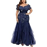 MISSMAY Women's Plus Size V-Neck Off Shoulder Sequin Lace Tulle Mermaid Evening Wedding Dress