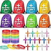 yasuwekik 48 Pcs Bible Verse Party Favors Includes 16 Jesus Loves You Drawstring Backpack 16 Bible Verse Bracelets 16 Cross Necklaces for Christmas Shoebox Gift Easter Vacation Bible School