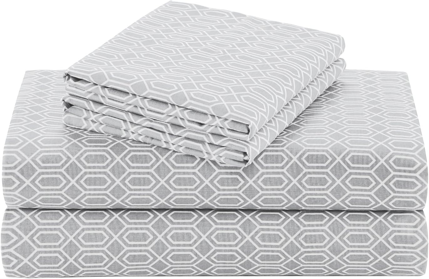 Comfort Spaces 100% Cotton Percale 4 Piece Set Ultra Soft Breathable Deep Pocket Printed Geometric Pattern Sheets with Pillow Cases Bedding, Full, Diamond Tasha Grey: Home & Kitchen