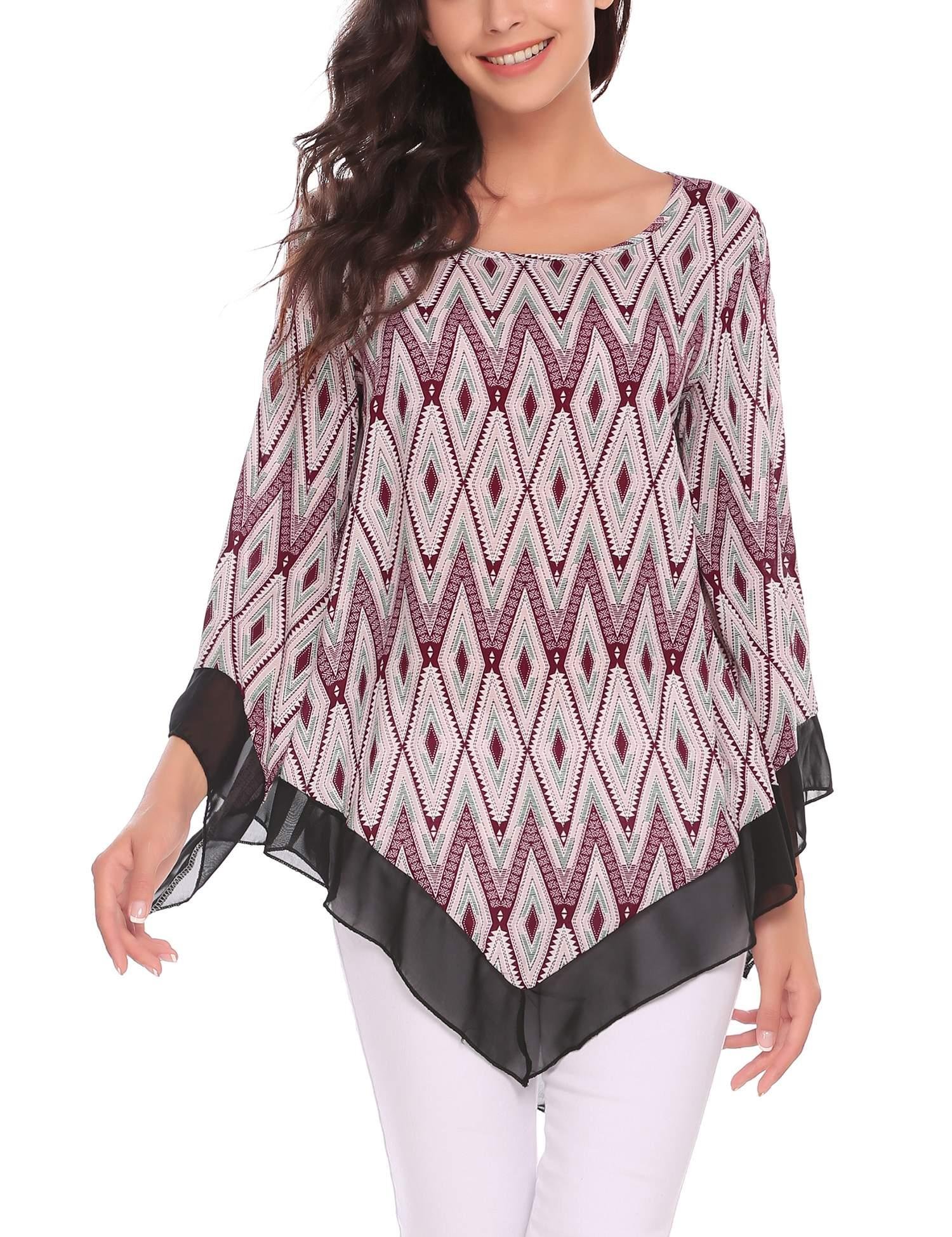 Zeagoo Women\'s Floral Printed Long Bell Sleeve Casual Flare Tunic for Leggings Loose Tops Blouse Wine Red/M