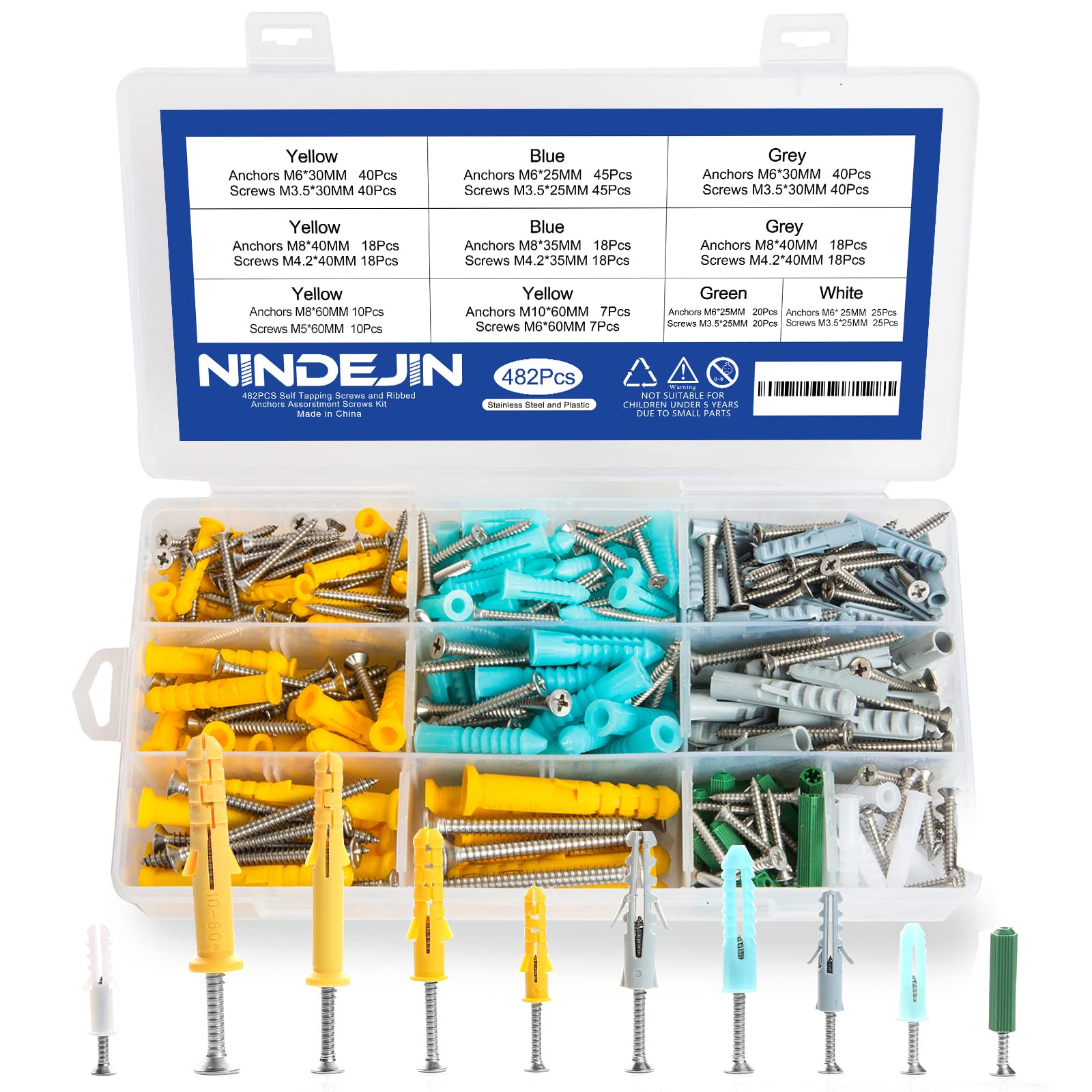 NINDEJIN 482pcs Expansion Anchors for Self Tapping Screw Set, Plastic Drywall Anchor Kit, Great for Fixing Curtains, Calligraphy, Wall Cabinets