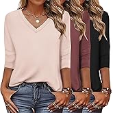 Zeagoo Women's T Shirts 3 Pack 3/4 Sleeve V Neck Basics Tees Casual Loose Fit Soft Fall Tops Outfits 2025 S-XXXL