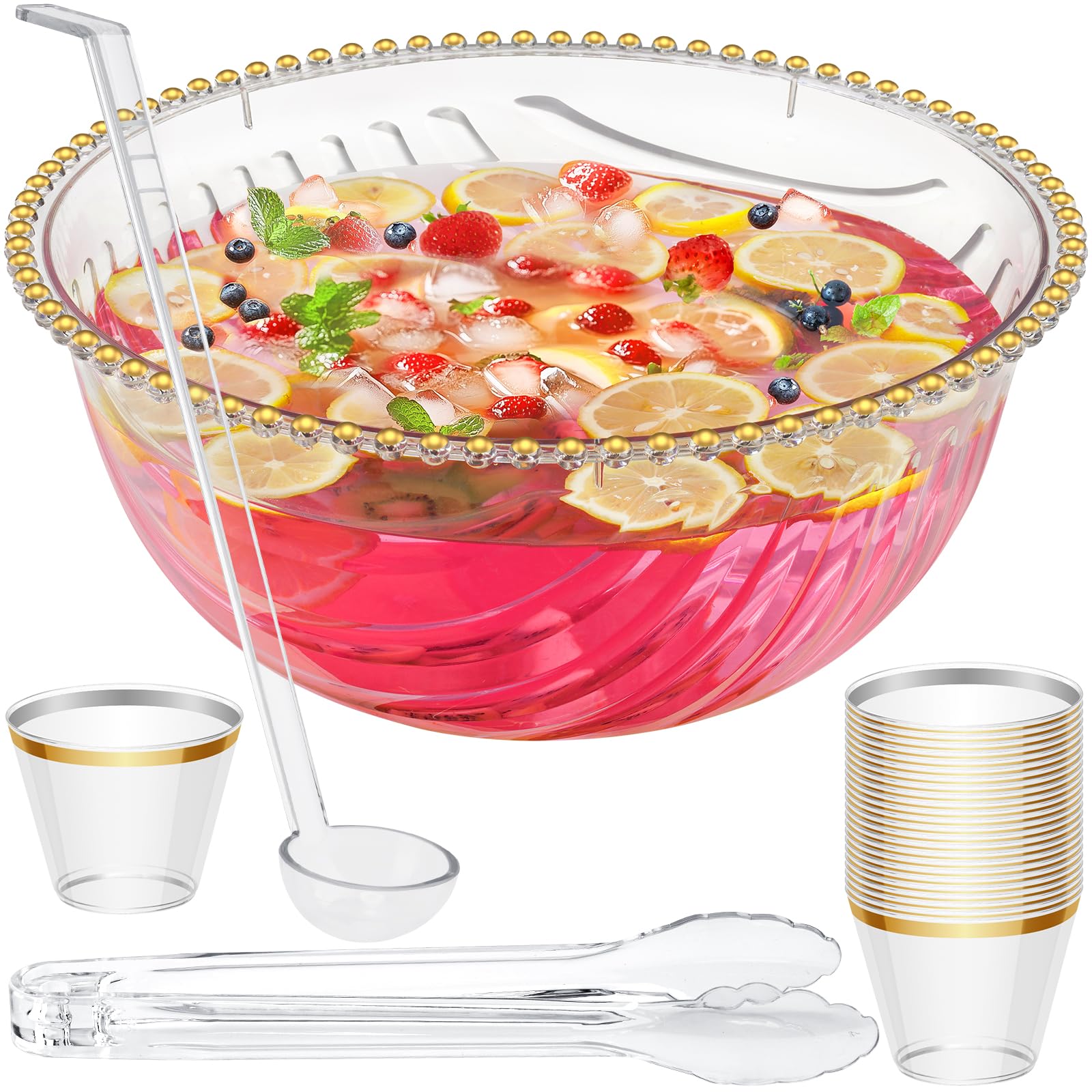 Photo 1 of NiHome Large Plastic Punch Bowl with Ladle, Tongs and 25 Gold-Rimmed Cups for Wedding, Birthday, BBQ, Baby Shower, Holiday, 1.7 Gallon Reusable Clear Party Bowl Set for Drinks, Salads, Snacks & More