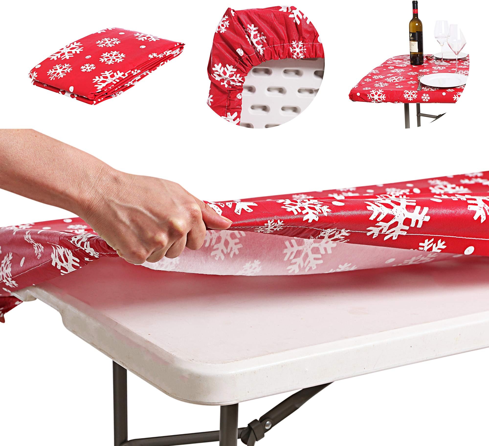 PVC Wipe Clean Christmas Fitted Tablecloth fits 6FT Folding Trestle Table Cover| Heavy Duty Table| Oypla 6ft, Redwood Leisure 1.80m | Folding Tables UK 6 foot. Size 30x72inches, Red/White Snow Flakes