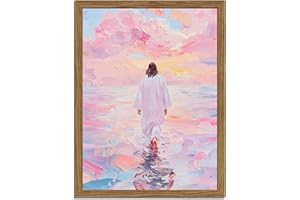 WARTHZ Pink Jesus Walking On Water Wall Art, Frame 3D Textured Hand Drawn Sandstone Christian Wall Decor Paintings Religious Savior Pictures for Living Prayer Room Bedroom, 12x16 in Wood Framed