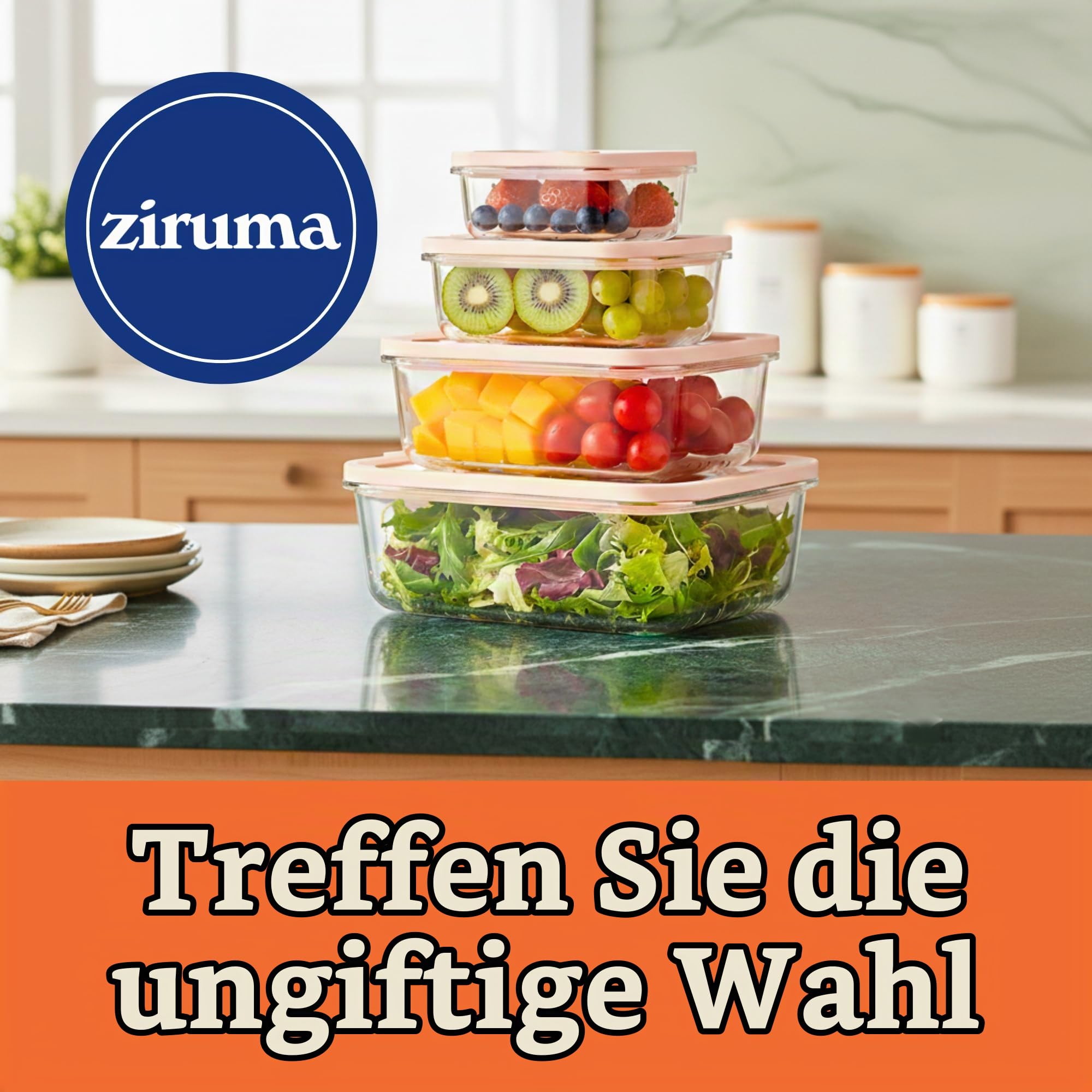 Ziruma Ungiftige 6,2 Tassen Glas Frischhaltedosen mit Deckel, große Lebensmittelbehälter, plastikfreie Mahlzeitvorbereitung, luftdichte Frischhaltedose, mikrowellen- und gefriergeeignet, 2 Stück 8