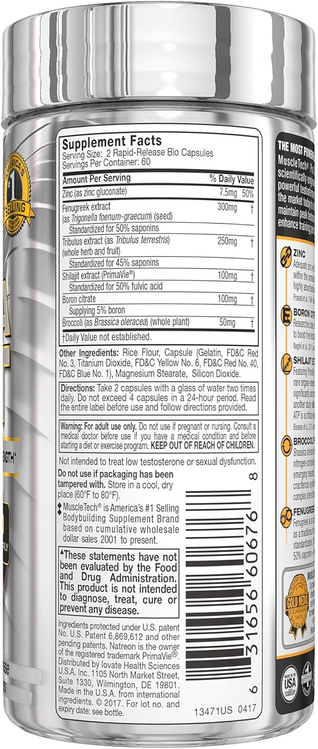 Testosterone Booster for Men | MuscleTech AlphaTest | Max-Strength ATP & Test Booster for Men, Boost Free Testosterone and Enhance ATP Levels, 120 Capsules: Health & Personal Care