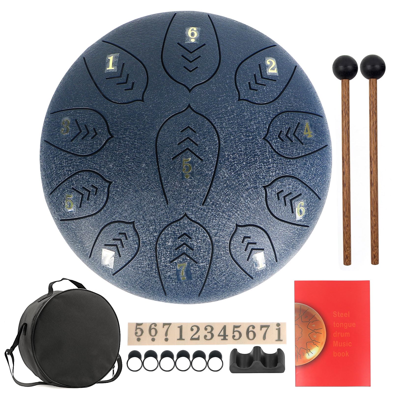 Steel Tongue Drum, Horse 12 Inch 13 Tones Tank Drum C Key Percussion Steel Drum Kit with Drum Mallets Note Stickers Finger Picks Mallet Bracket and Gig Bag(12 Inch 13 Tones Dark Blue) Image