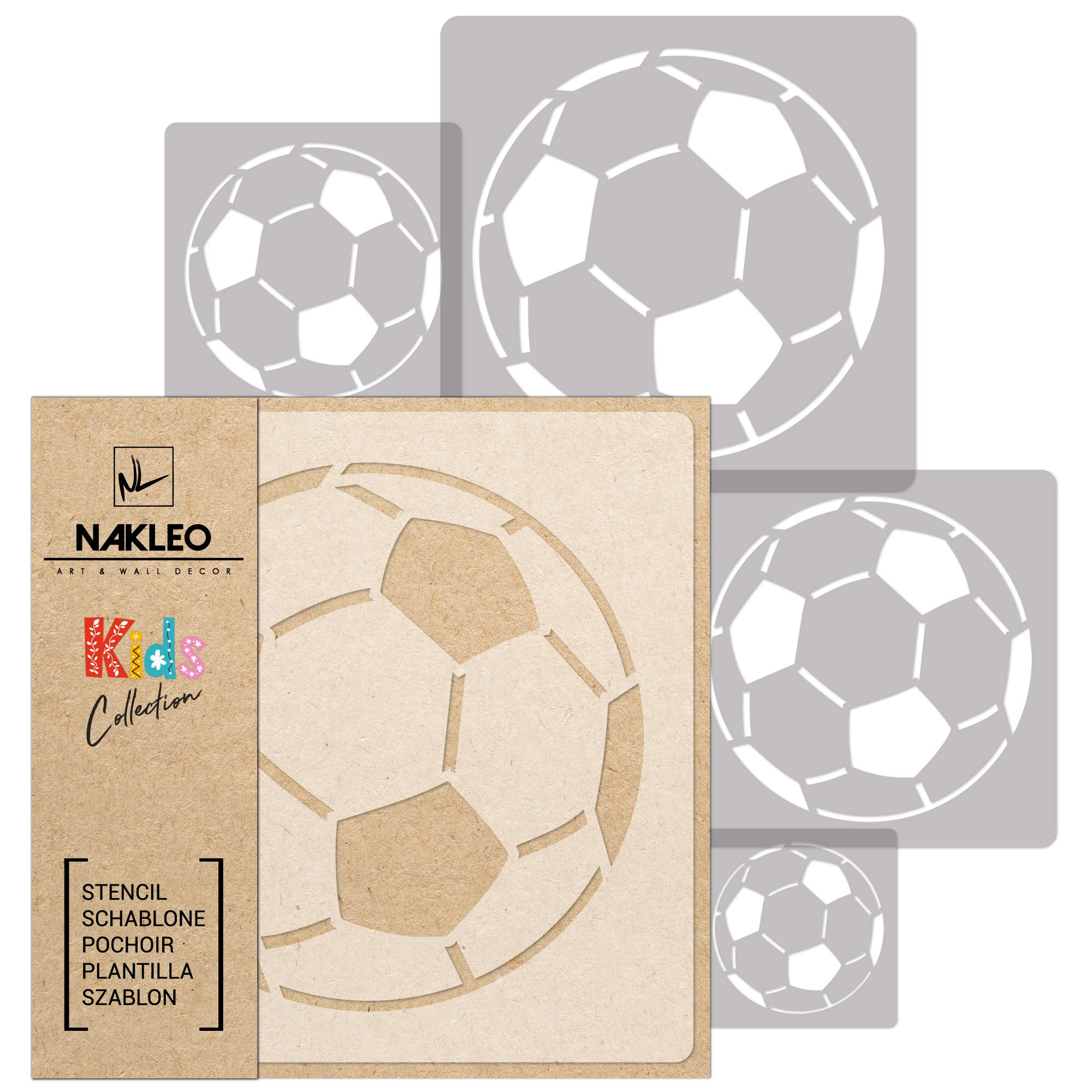 NAKLEO Painting Stencils Set for Nursery Room, 5 Pcs Templates 9x9 to 34x34cm Ball Football Sport, Plastic and Reusable Drawing Stencils, Decor, Craft DIY Wall Furniture