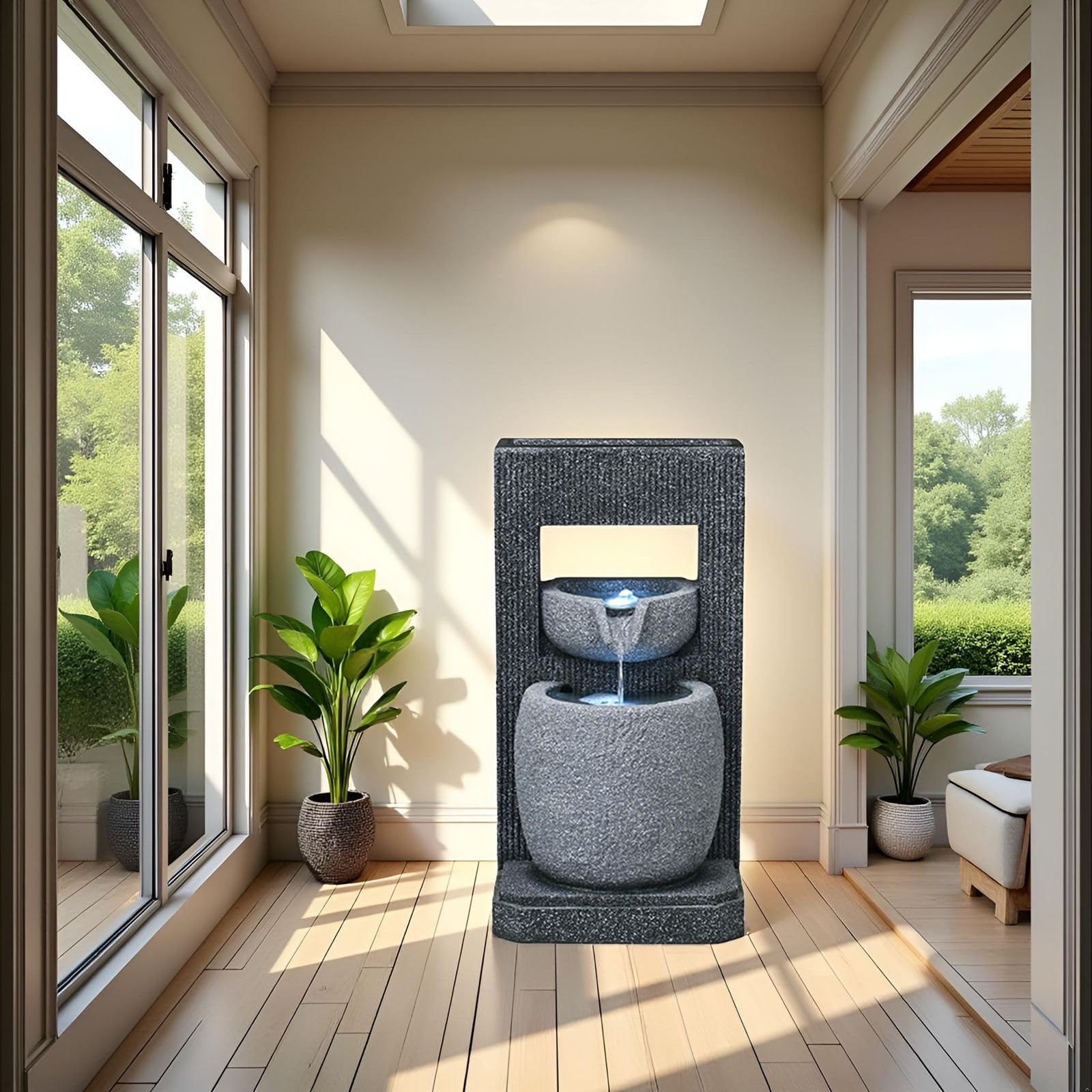 Qingyignge 27” H Modern Outdoor Fountain 2 Crocks Outdoor Garden Fountains LED Light for Garden, Patio, Deck, Porch, Backyard and Home Art Decor