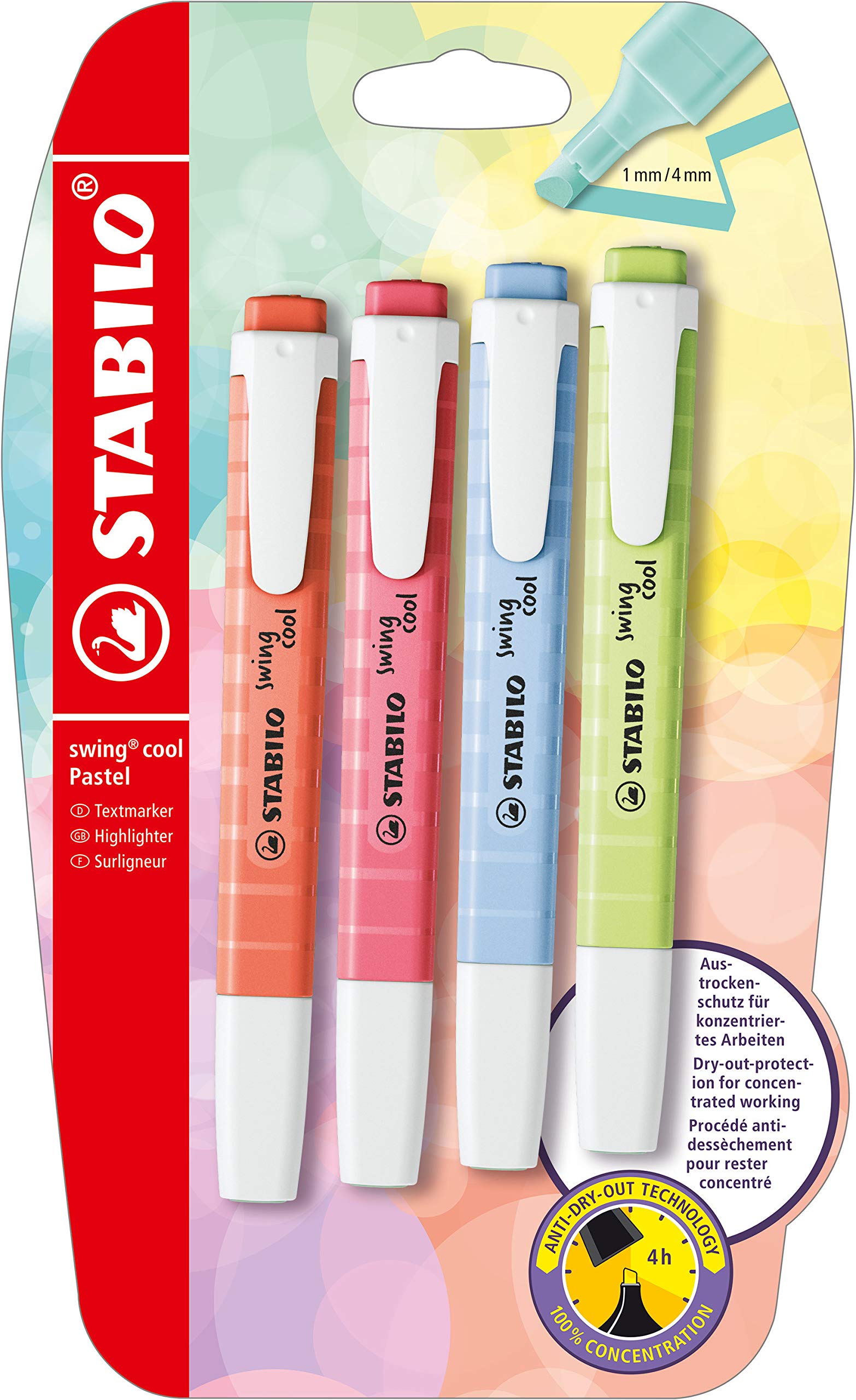 STABILO swing cool Pastel - Highlighter - Pack of 4 - Dash of Lime, Cherry Blossom Pink, Cloudy Blue, Mellow Coral Red