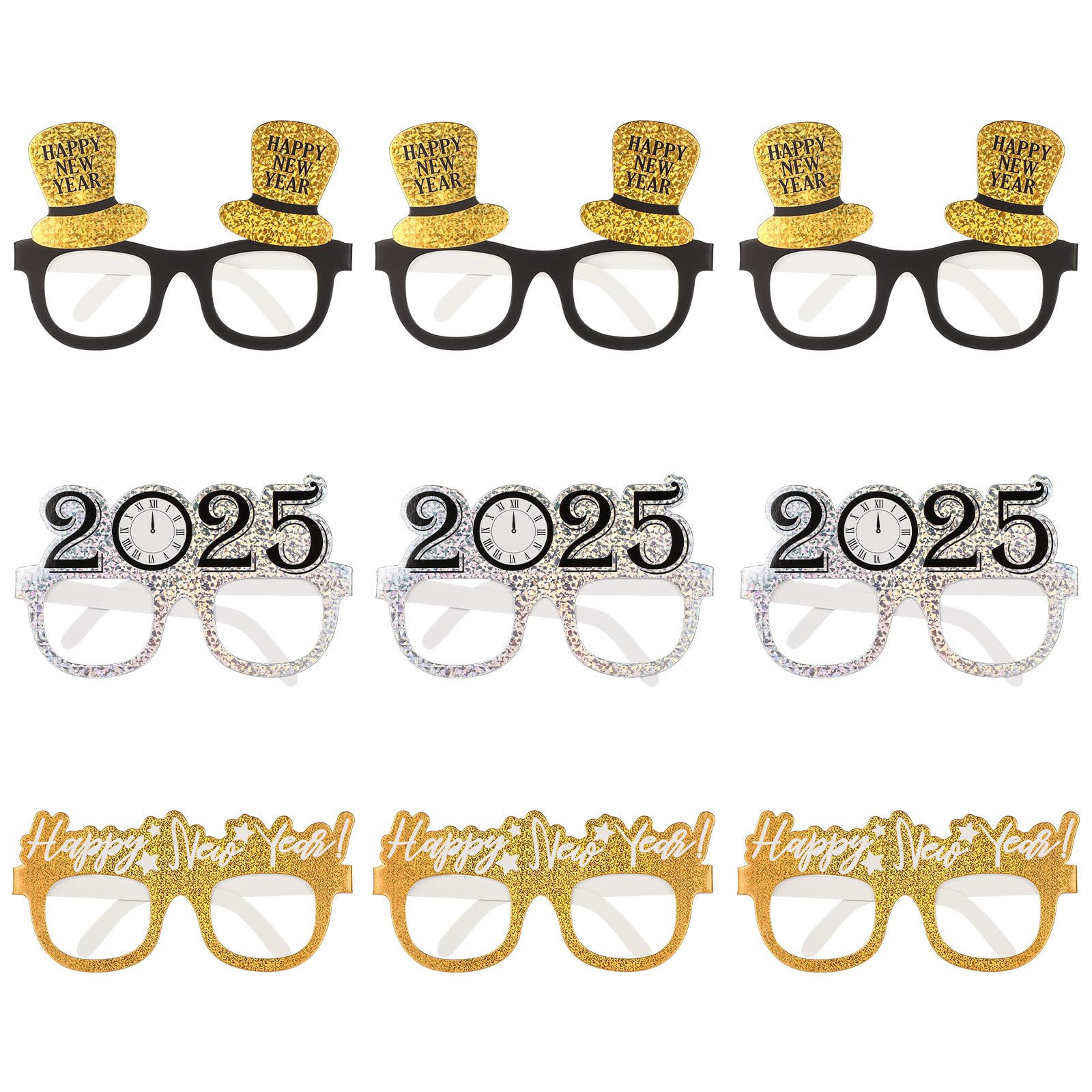 Amosfun Happy New Year Eyeglasses Fancy New Year Party Glasses Celebration Party Favor for 2025 New Year's Eve Party Decors, Pack of 9
