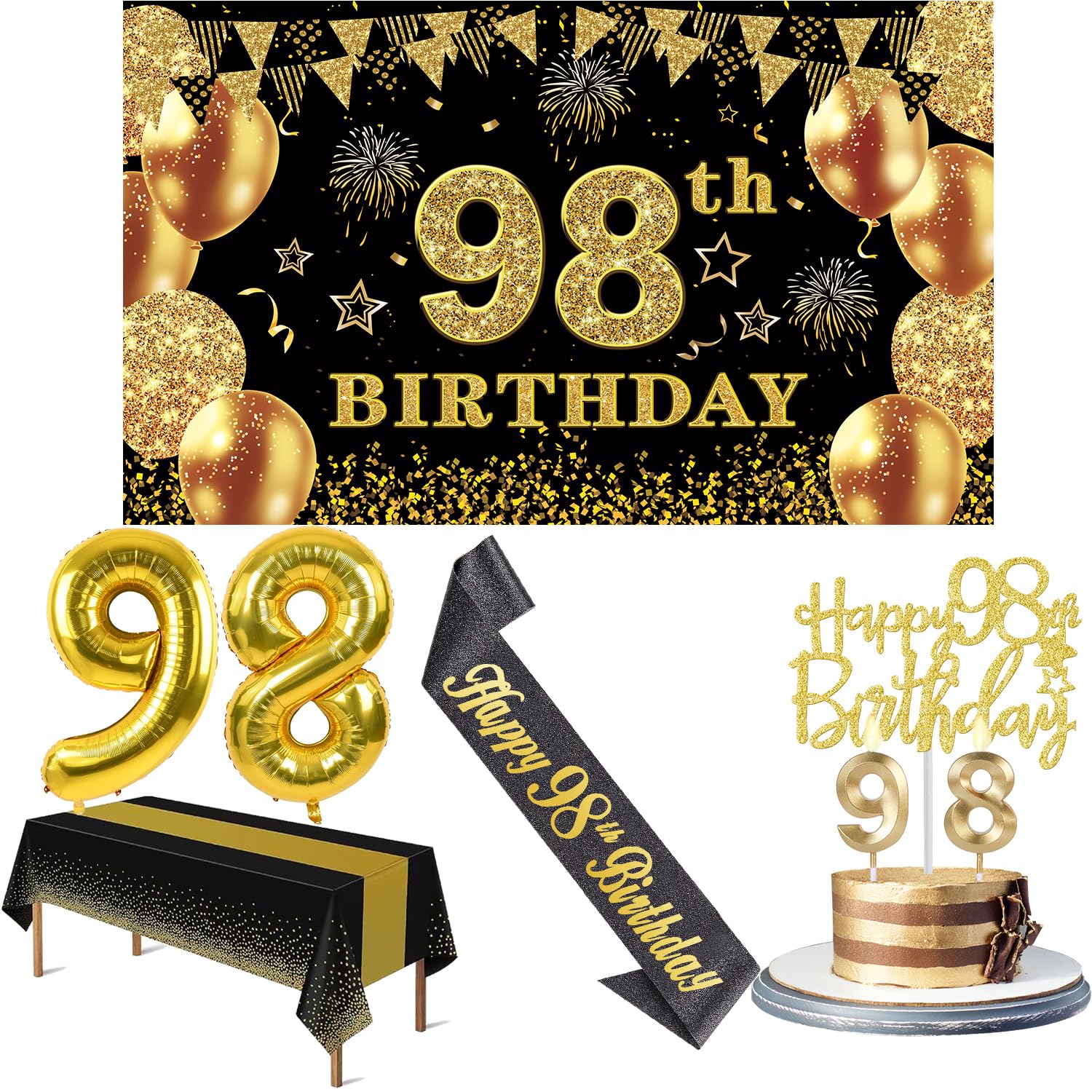 Photo 1 of 98th Birthday Decorations Men Women with 98th Birthday Banner, Black and Gold Table Cloth, Number Balloons, Large Sash, Cake Topper and Candles