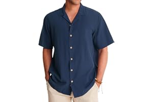 Alimens & Gentle Mens Linen Shirts Short Sleeve Button Down Shirts Cotton Summer Beach Cuban Shirts Vacation Hawaiian Shirts