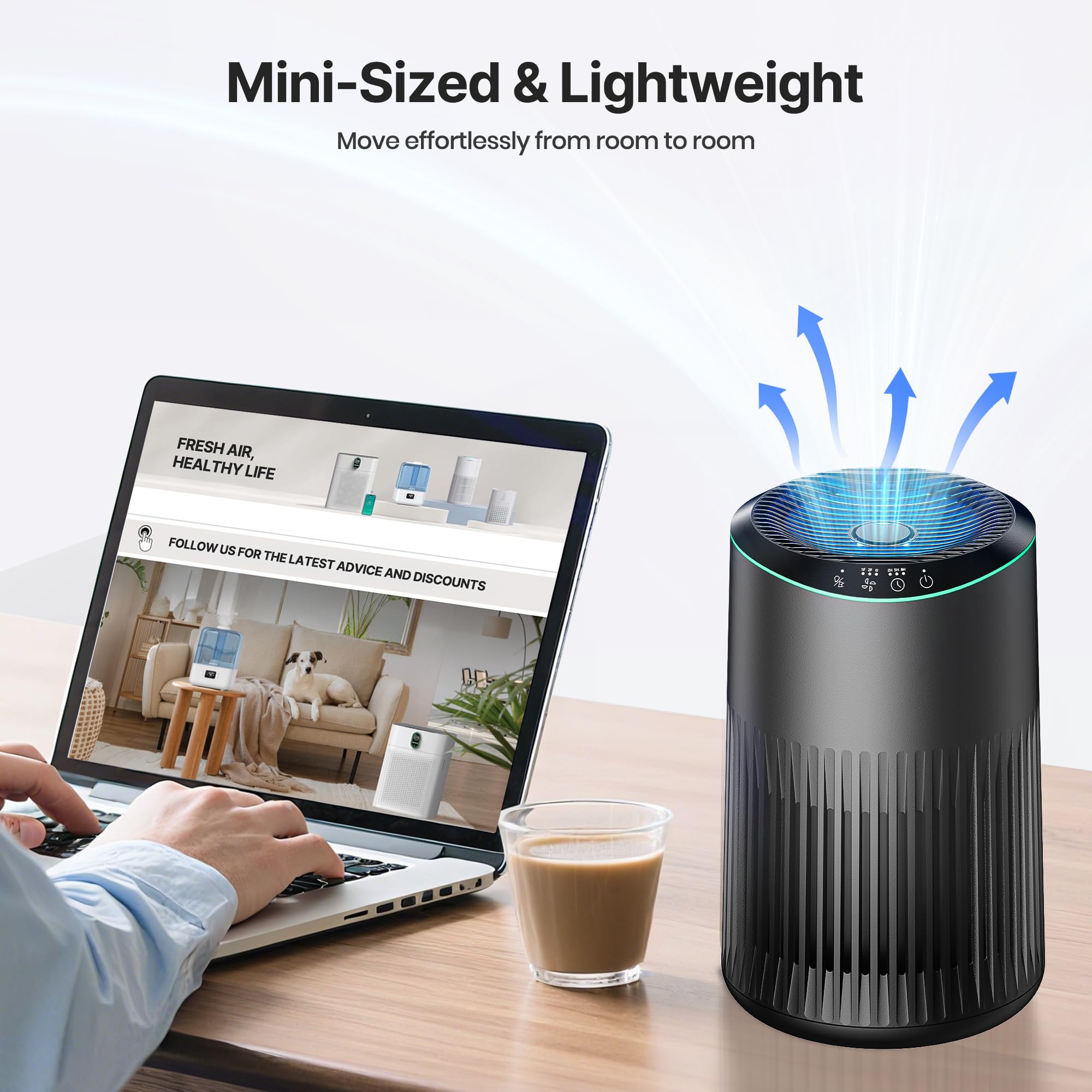 Air Purifiers for Home, Air Purifier for Smoke Odors with Fragrance Sponge, Small Air Purifier with Sleep Mode for Bedroom Office, Blue Night Light, Grey, 1 Pack+3 Modes