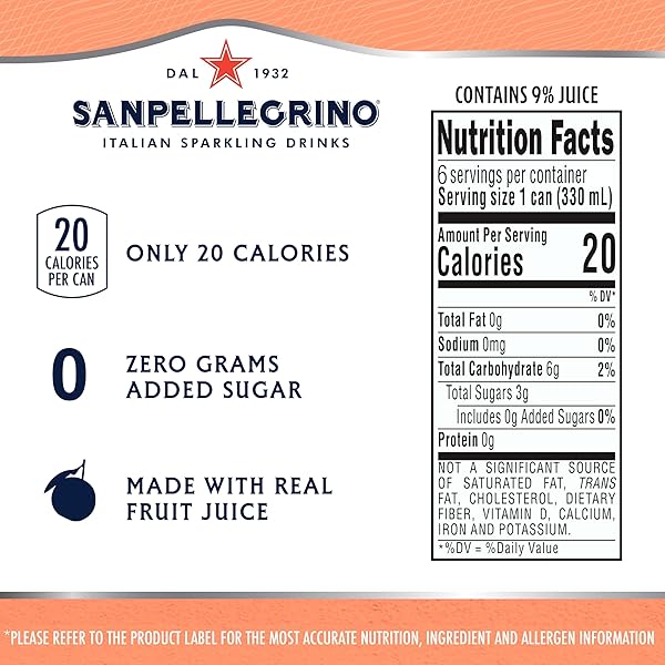 SANPELLEGRINO ITALIAN SPARKLING DRINK, ZERO SUGAR, PEACH AND CLEMENTINE, 6 CANS 66.9 FL OZ