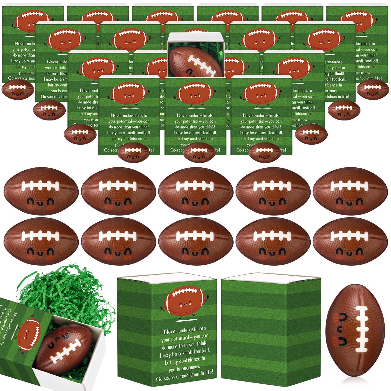 Photo 1 of Soulchen 30 Sets Football Stress Balls and Inspirational Gift Boxes Football Party Favors Mini Foam Stress Sport Balls with Cute Face Goodie Bags Stuffers for Coach Team Birthday Party
