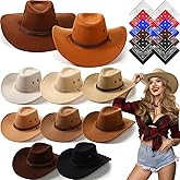 Coume 10 Set Cowboy Hat and Bandana for Women Men 10 Felt Cowgirl Cowboy Hat Bulk 10 Western Bandanas for Adult Costume Party