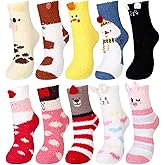 Ramede 10 Pairs Christmas Animal Fuzzy Socks Gifts Bulk for Women Homeless Cute Winter Cozy Fluffy Warm Slipper Socks Stocking Stuffers Gift