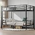 HKOLIE Full Over Full Bunk Bed, Metal Bunk Bed Frame Heavy Duty Bunk Beds Loft Bed Frame with Ladder and Guardrail Metal Slats No Box Spring Required for Adults Teens, Black