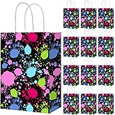 Cptoion 24 Pieces Neon Gift Bags,Glow in the Dark Party Favor Bags,Goodie Bags with Handle,Paint Splatter Gift Bags for Treat Candy,Neon Party Bags for Birthday Supplies Decorations