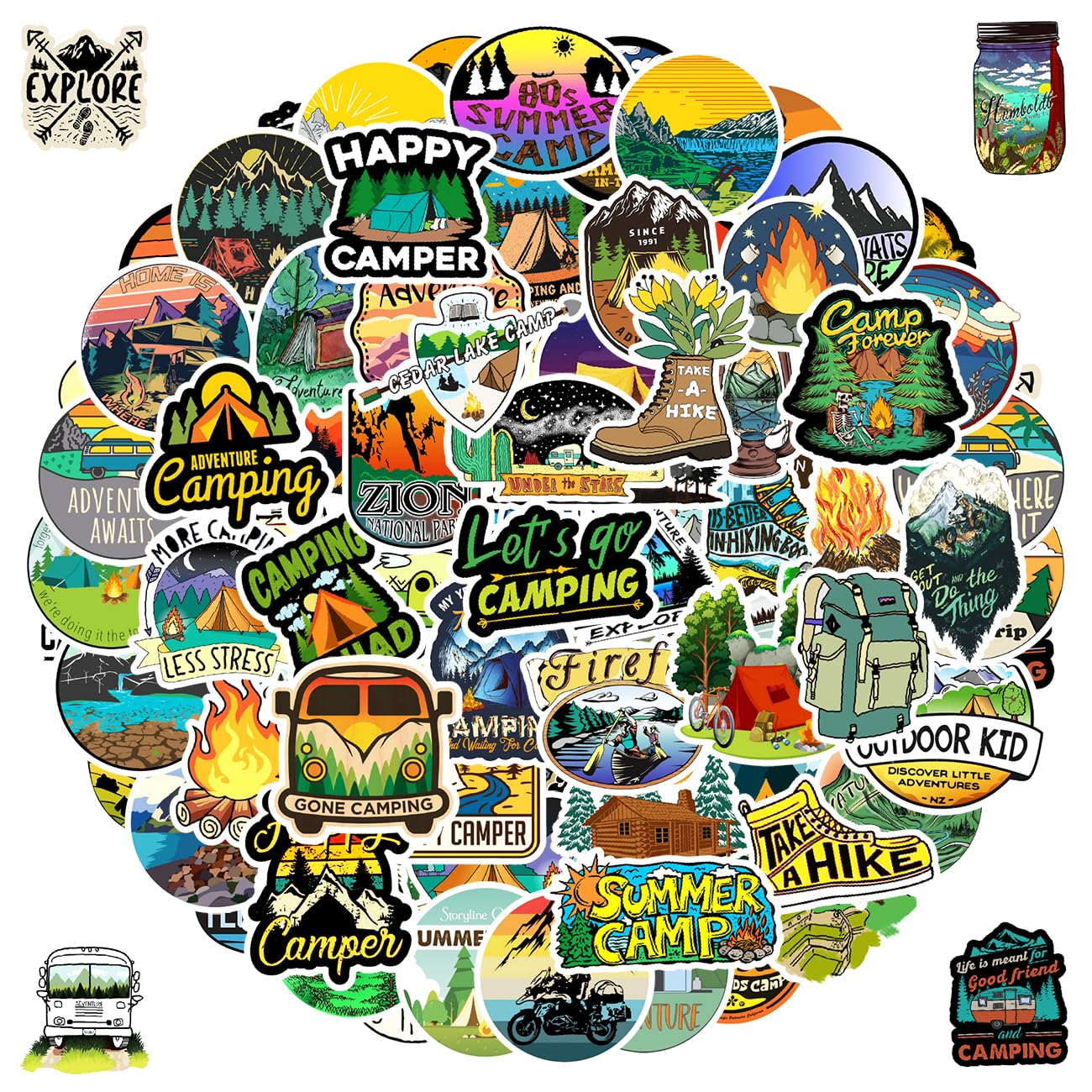 MARSFORCE Camping Hiking Stickers 100 PCS, Funny Gift for Kids Teens Adult, Waterproof Vinyl Sticker Set for Laptop Water Bottle Skateboard Scooter Helmet Suitcase Bumper