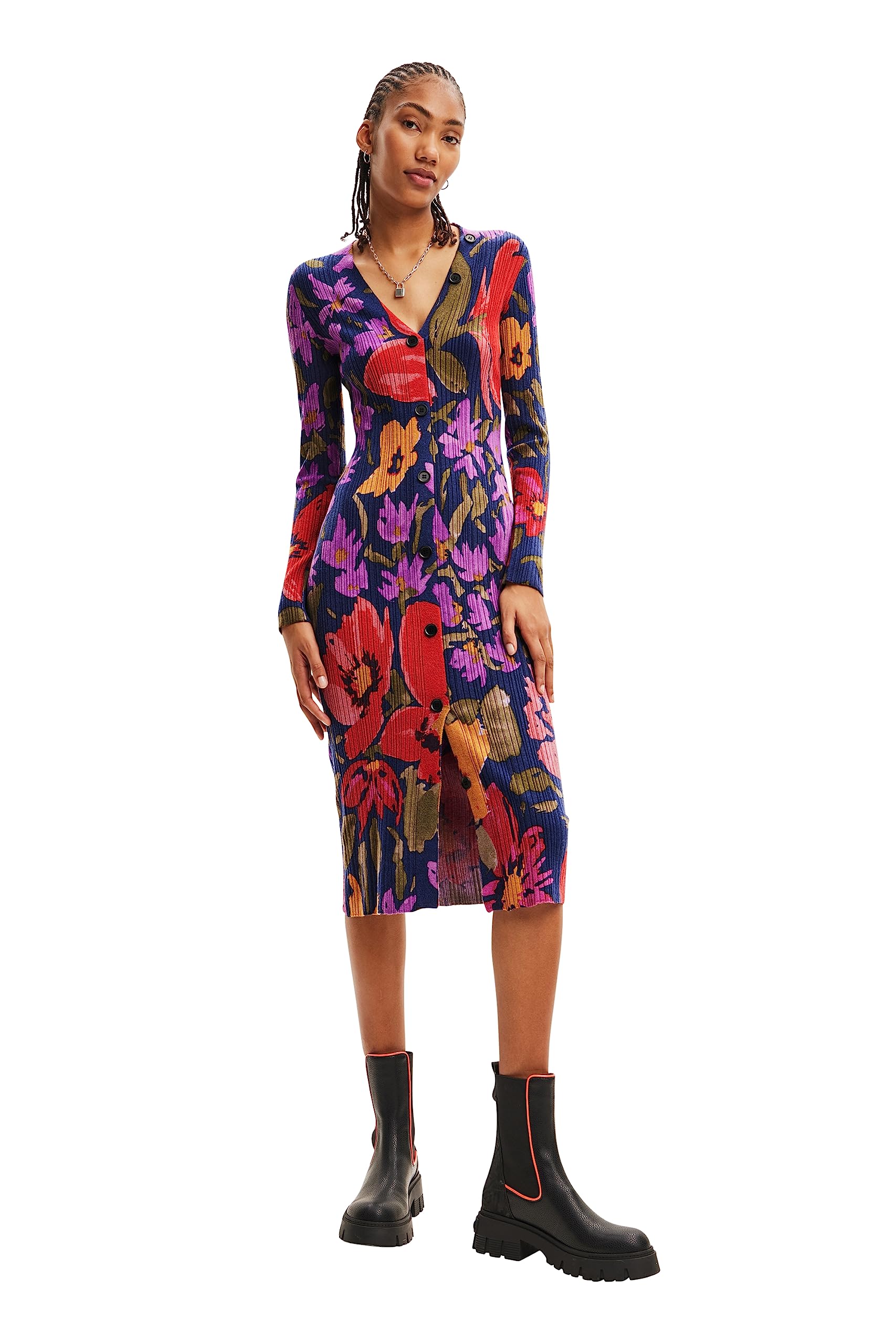 Desigual Delaware Fitted Floral Ribbed Knit Dress 23WWVF13 Multicoloured
