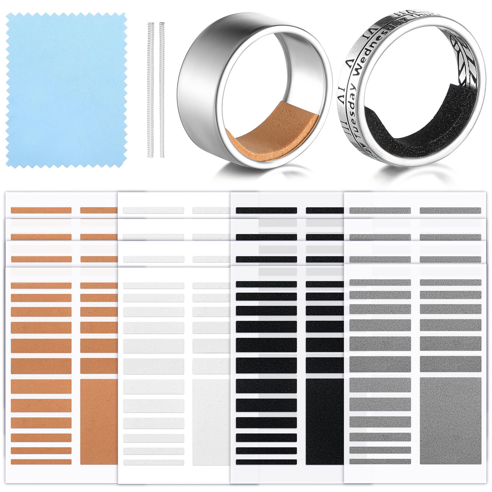 Zonon 16 Sheets Ring Sizers for Loose Rings with 2 Spiral Invisible Ring Size Adjuster Resizer Fitter Guards Spacer Tightener Polishing Cloth for Women Men 4 Colors, 2 Kinds of Thickness