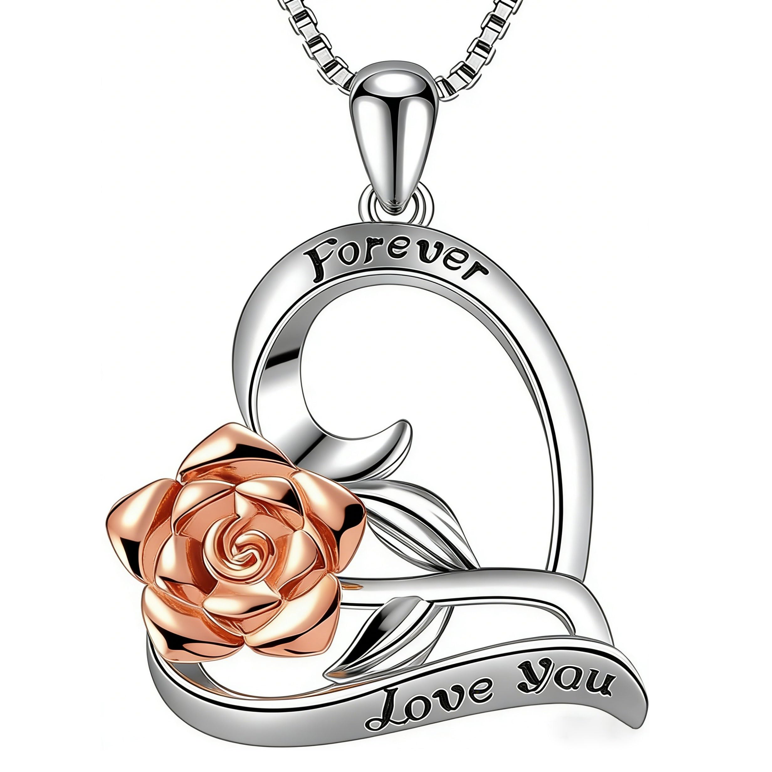 SWEETIME 925 Sterling Silver Rose Flower Heart Pendant Necklace for Women with Forever Love You Engraved Her Valentine's Mother's Day Christmas Thanksgiving Birthday 18inch